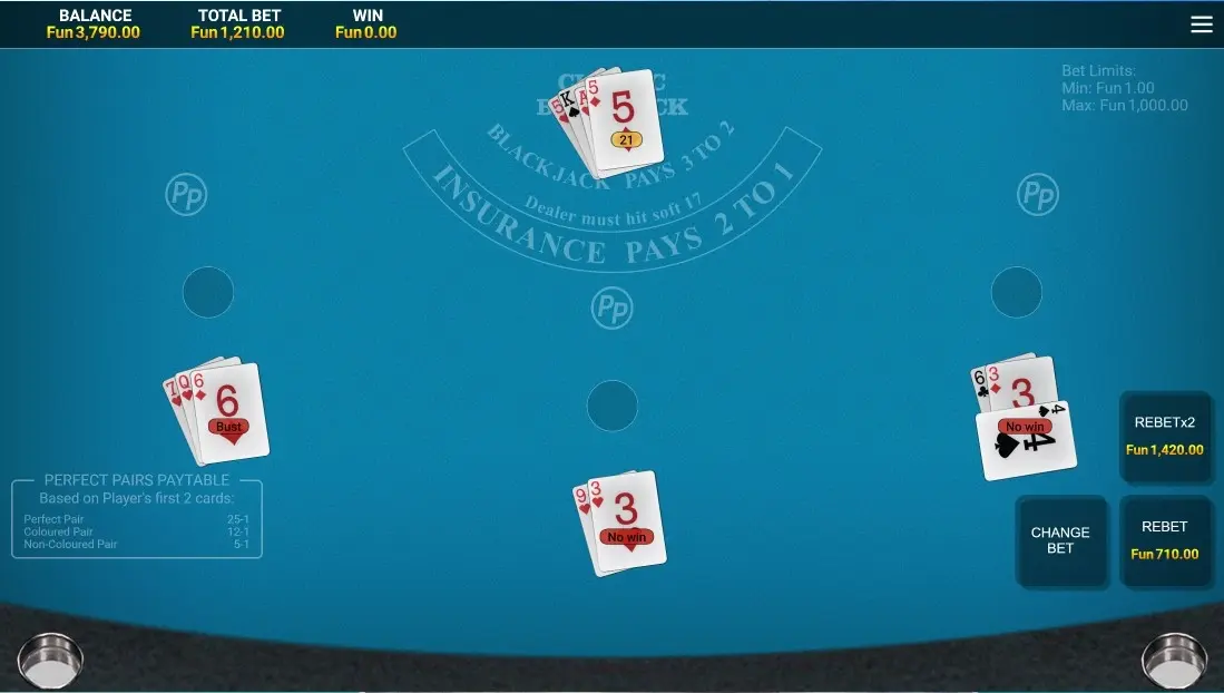 Blackjack with Perfect Pairs — screenshot