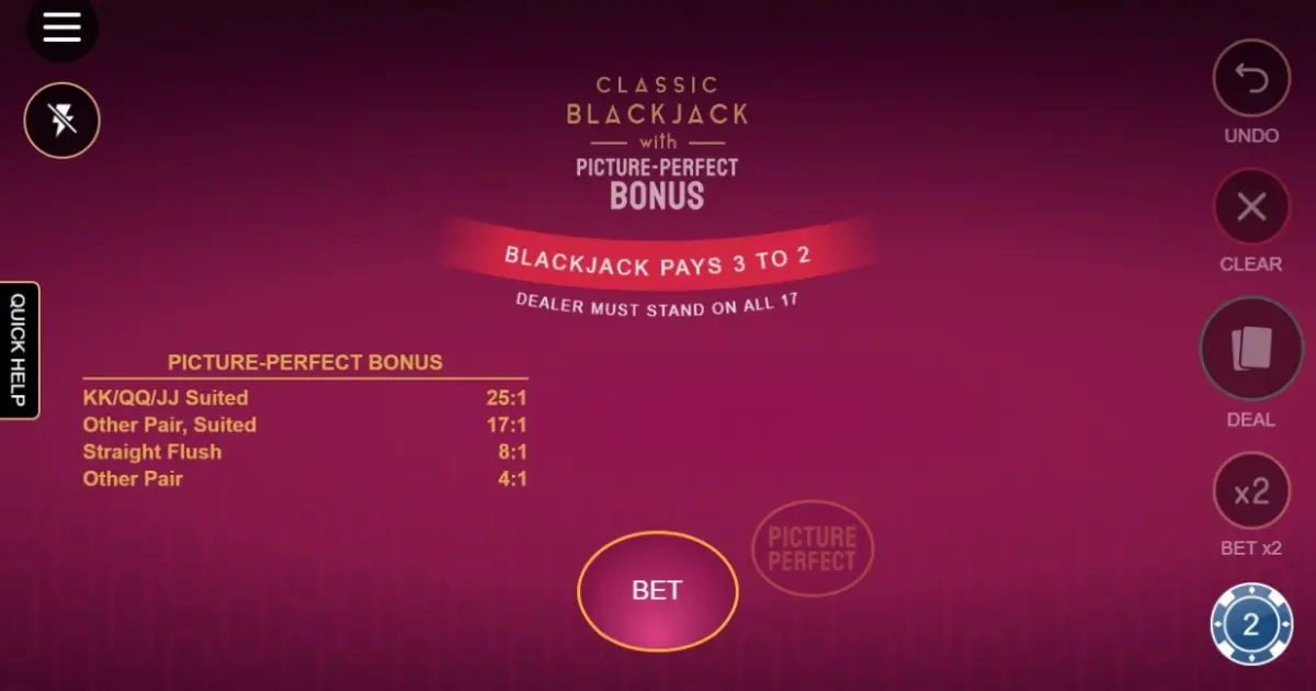 Classic Blackjack with Picture-Perfect Bonus — screenshot