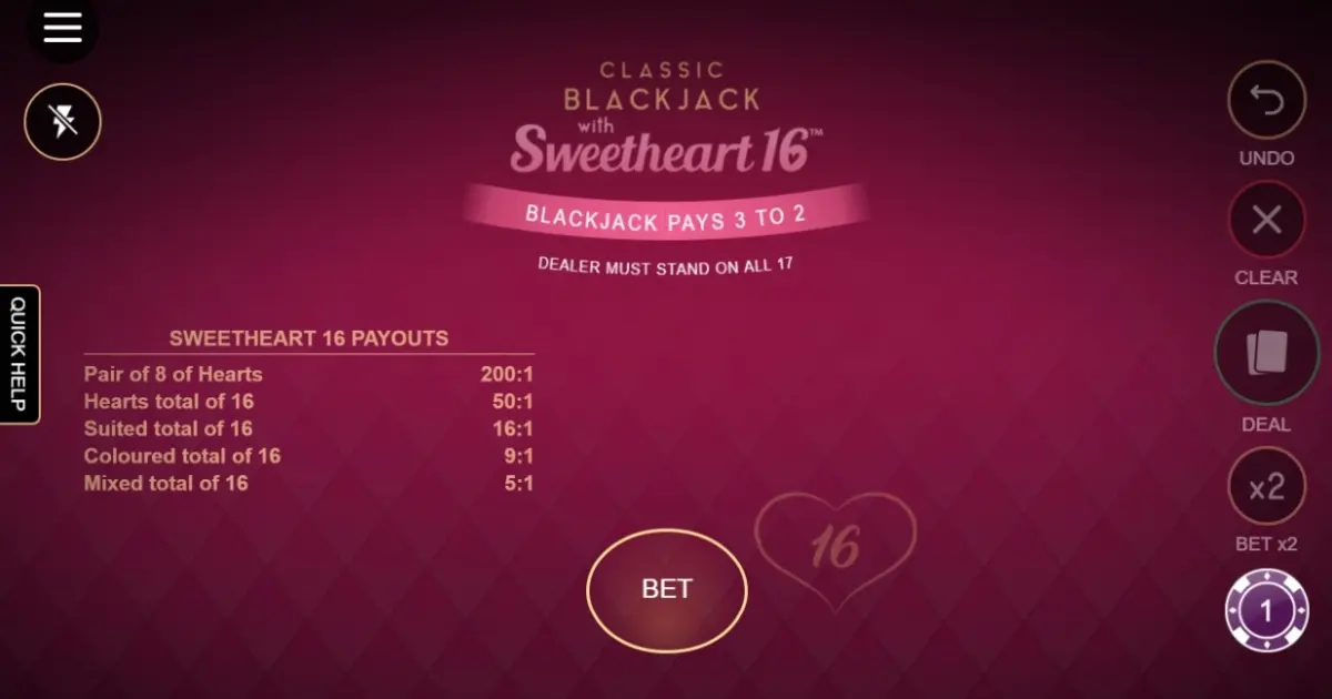 Classic Blackjack with Sweetheart 16 — screenshot